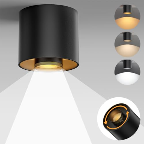 TuyuBEE 3-Color&Watt Zoomable Ceiling Spotlight Fixtures, Flush Mount Ceiling Light Fixture Dimmable LED Spot Lights Indoor, 4.72 Cylinder Light for Hallway Kitchen Entryway Foyer, 30W Black