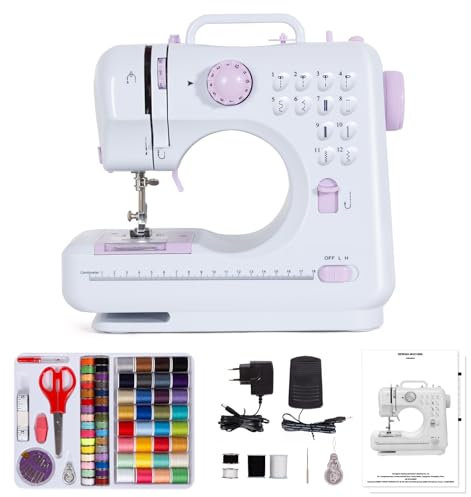 Todeco Nähmaschine für Anfänger und Kinder, 12 Stichmuster, Nähmaschine Klein mit Fußpedal Nählicht Elekt, mit Nähset (Lila)