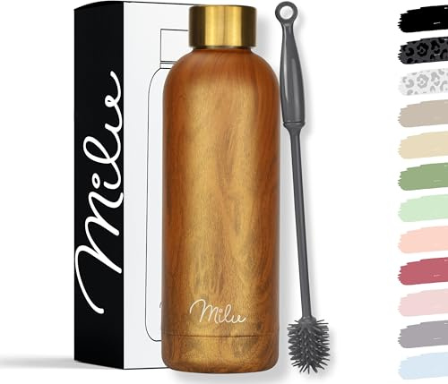 Milu Thermosflasche 500ml Isolierte Edelstahl Thermo Trinkflasche Thermoskanne Auslaufsichere Isolierflasche doppelwandig - Kohlensäure geeignet – inkl. Reinigungsbürste (Holzoptik, 500ml)