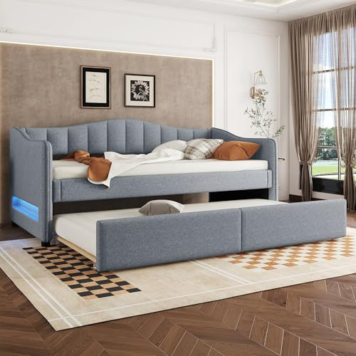 Dolamaní Modern Tagesbett Ausziehbar 90x200 cm, Schlafsofa mit Gästebett Ausziehbett Ohne Matratze, Bett mit Lattenrost und Polster Rückenlehnen (Grau)