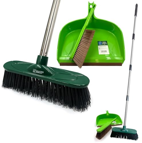 Outdoor Broom with 4-Piece Handle, Garden Dustpan and Brush Sets, Stiff Bristles Brush and Pan Set, Dustpan with Serrated Edges, Leaf Collector for Patio, Decking, Driveway Cleaning