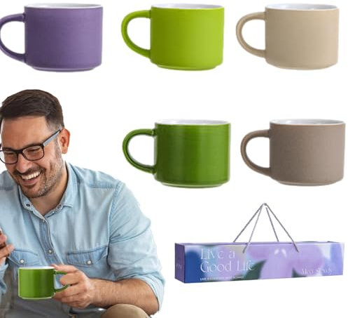 Juego de tazas de café, 5 tazas de café de cerámica y tazas, taza de viaje con asa, tazas de té familiares modernas, tazas de beber para ella, hombre, mujer, papá, mamá