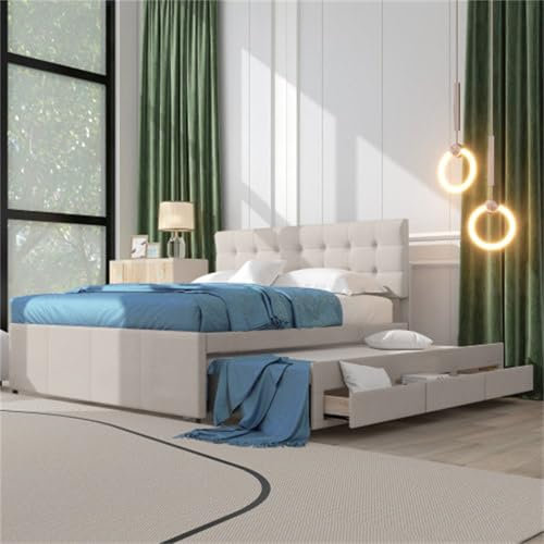 Cama Tapizada con Cama Extraíble con Cajones Cama Individual Cabecera Ajustable Cama De Matrimonio para Adultos Jóvenes Cama Doble Cama Familiar Cama De Invitados Sin Colchón Beige 140x200cm