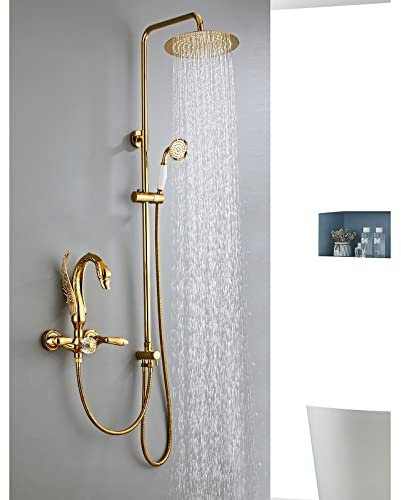 CZAOERXB Shower System Swan Shower Set with Rainfall Shower Head, Handheld Shower, Bathtub Faucet, 3 Functions Wall Mount Shower Fixture with Shower Column Height Adjustable, Gold,A