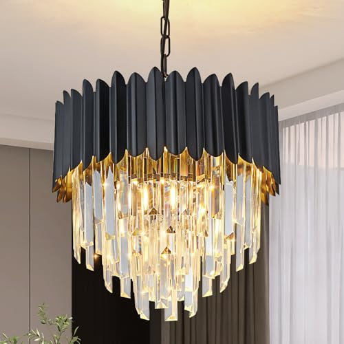 KUNYEEE Moderne Luxus Kristall Pendelleuchte, schwarzer Kristall Kronleuchter, 3-Tier Raindrop Kronleuchter Leuchte Flush Mount Deckenleuchte für Esszimmer, Φ40cm