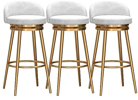 Farmhouse Barhocker, 3er-Set, mit Rückenlehnen, Thekenhöhe, Drehhocker, 360° drehbar, Samt, gepolsterte Sitzfläche, goldfarbene Metallbeine, 65 cm Höhe, Weiß