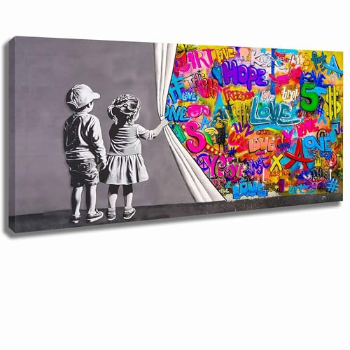 Wandbild Banksy Graffiti Streetart, Leinwandbild Bilder für Wohnzimmer kunst 2 Kinder Vorhang fertig zum aufhängen