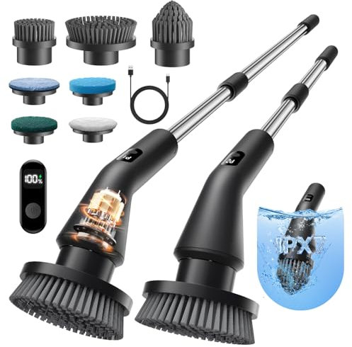 Leebein Electric Spin Scrubber, 2025 Upgraded Electric Cleaning Brush, IPX7 Waterproof Shower Scrubber with 7 Brush Heads, Extendable Long Handle and 2 Speeds Scrubber for Bathroom Floor Kitchen