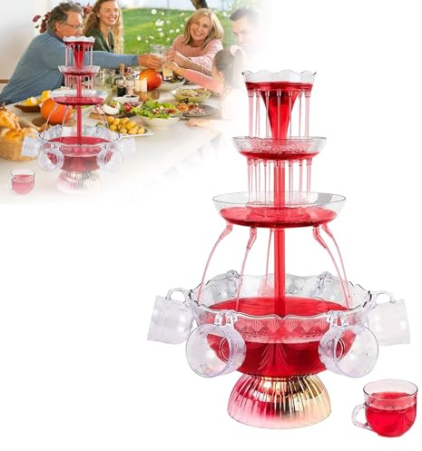 Fontaine de fête à 3 niveaux avec 5 gobelets - Fontaine de fête de 3 l pour jus, vin, boissons, tour avec socle lumineux LED, fontaine à boire pour les fêtes, les fêtes et les bars