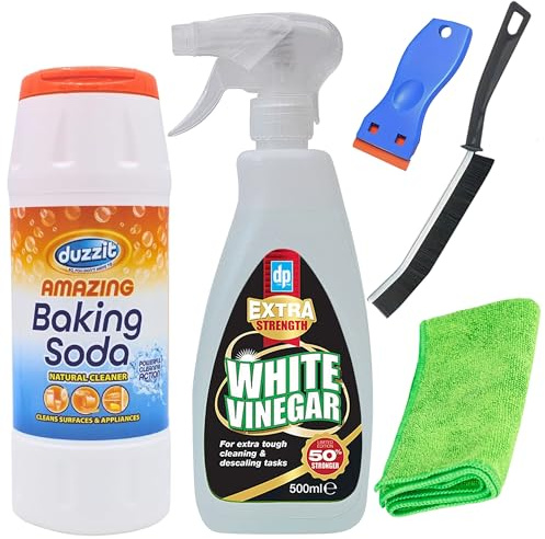 Baking soda for Cleaning (500 gr) and White Vinegar Spray Extra Strength (500 ml) Bundle with Glameno Crevice Brush, Microfiber Cloth and Plastic Scraper