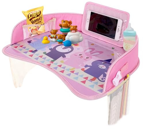 LEKEFETO Mesa de actividades para niños, mesa de viaje plegable, superficie lavable con organizadores, para coche, avión y hogar, rosa, 43 cm x 32 cm x 8 cm
