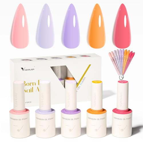 VENALISA Gel Nail Polish Set 5 Colors Warm Pink Orange UV LED Soak Off 2508 | Rich Pigment Colours • Smooth Application • Long Lasting Wear • DIY Nail Art • Nail Tips & Labels Included