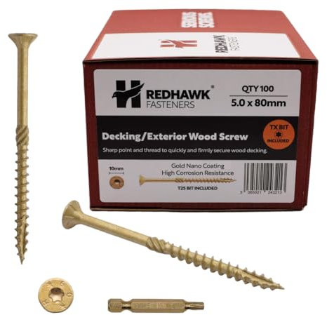 Box of 100 Redhawk Fasteners® Decking/Exterior Wood Screw | 5.0 x 80mm | Corrosion Resistant Gold Nano Coating | T-25 Torx Drive | Driver Bit Included