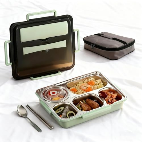 WJUAN Bento Box 1500ml en Acier Inoxydable - 5 Compartiments Isothermes, Sac Isotherme et Couverts Inclus | Lunch Box Adulte Étanche pour Bureau, Pique-nique (32x25x7cm)