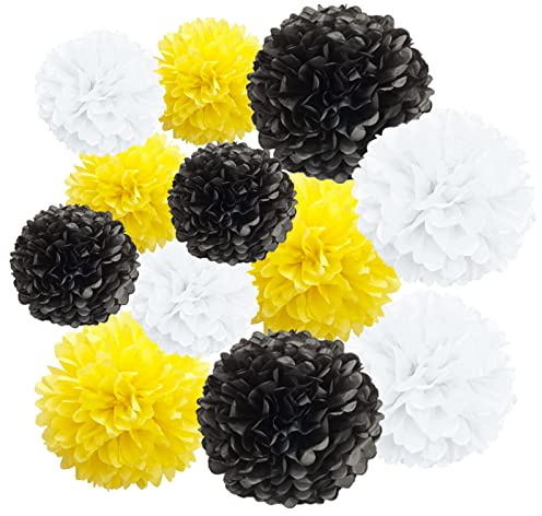 Ainmto 12 Stück Seidenpapier Pompons gelb weiß und schwarz,Party Pompons Deko für Geburtstag, Hochzeit