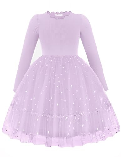 Arshiner Filles Robes Tulle Paillette Enfants À Col Plissé et Lignes a Festive Automne Hiver Manches Longues Robe pour Filles 6-7 Ans Violet