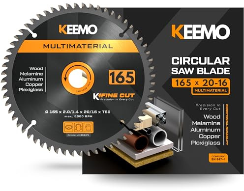 KEEMO Hoja Sierra Circular 165mm | Multimaterial | Corte Fino 2,0mm | Silenciosa & Antivibración | Madera, Laminados, PVC, Plásticos, Aluminio Fino | Aro 20→16mm Incluido