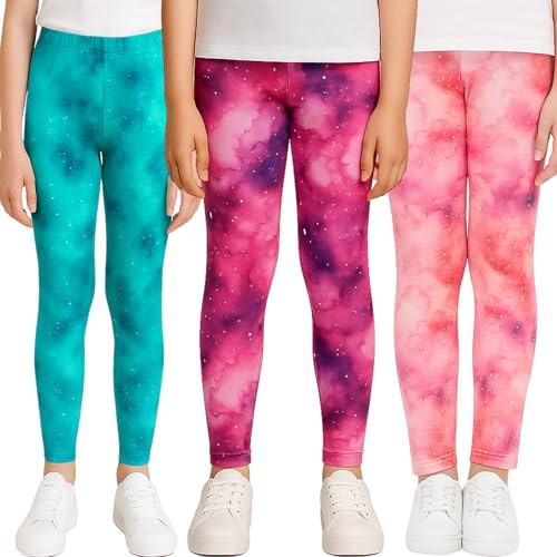 PopCouture Pack of 3 Girls Galaxy Print Full Length Sports Activewear Leggings Purple/Zinc/Pink 1-2 Years