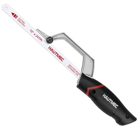 HAUTMEC Kompakte Mini-Bügelsäge 250 mm mit Bi-Metall HSS Sägeblatt, Aluminium-Metallsäge mit Schnittführung, Handsäge für Metall, PVC, Kunststoff & Holz, Ideal für enge Stellen – HT0427