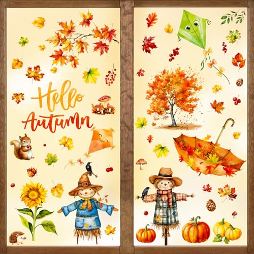 BOOMTOP 9 Blatt Fenster Aufkleber Herbst Vogelscheuche Selbstklebend Fensterbilder Ahornblätter Erntedankfest Thanksgiving Karneval Hebrst Deko Fenster Abziehbilder Fenstersticker Fenster Dekoration