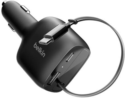 Belkin USB C Car Charger 75W w/ 30in Retractable USB C Cable - iPhone Charger, Compatible with iPhone 17 & 16 Series, Galaxy S25 Series, AirPods, Tablet, MacBook, Chromebook, etc. - Travel Essentials