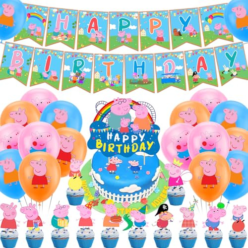Cartoon Peppa Birthday Party Decorations Supplies, Happy Birthday Banner, Latex Balloons, Cake Topper, Cupcake Toppers