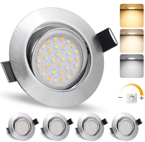 GeyouLux LED Einbaustrahler 230V Dimmbar, IP44 Deckenspots, 65-75mm EinbauØ | 6W 45° Schwenkbar Einbauleuchten 3000K Warmweiß 4000K Neutralweiß 6500K Kaltweiß Ultra Flach Einbauspots, 4er Set Nickel