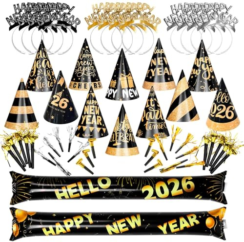 Alaiyaky Silvester Haarreif Set,Silvester Deko 2026 Enthalten Partyhüte Happy New Year Haarband Partypfeifen Happy New Year Cheerstöcke,Gilt für Sneujahr Deko 2026 Party