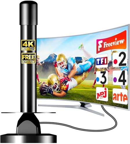Antenne TV Intérieure avec Amplificateur 360° – Réception HD 4K / Full HD – Base Magnétique Puissante – Compatible Smart TV et DVB-T2 – Câble 5 m Inclus