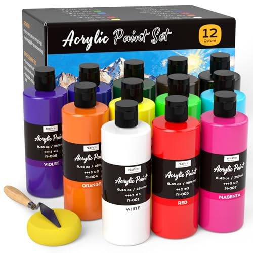 Nicpro Acrylfarben Set 12 x 250 ml, Acrylfarben Professional, Reichhaltige Malfarben, Ungiftige Acrylfarbe für Malerei Künstler, Erwachsene, für Leinwand, Papier, Holz, Stoff, Handwerk, Leder, Stein