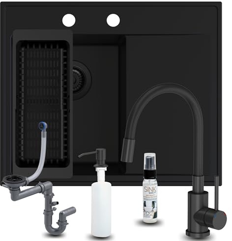 SINK QUALITY Spülbecken Komplettset mit Armatur 60x50 cm - Küchenspüle Schwarz mit Abtropffläche - inkl. Küchenarmatur, Seifenspender, Sieb, Siphon - Einbauspüle links für 40er Unterschrank