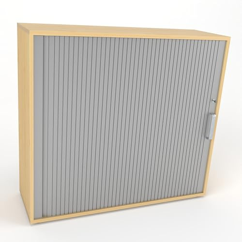 Rheinland Möbel Querrollladenschrank Rollino 120×40×110 cm – abschließbarer Rollladenschrank 3OH in Ahorn/Silber mit Metall-Streifengriff