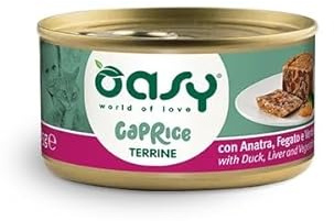OASY Gatto CAPRICE • Terrina con Anatra, Fegato e Verdure | alimento umido completo per gatti adulti, con morbidi bocconcini e verdure a pezzetti, 12 lattine da 85 grammi l'una.