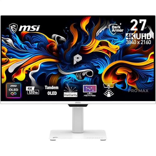 MSI Monitor Tandem QD-OLED PRO MAX 271UPXW12G 27 4K 3840x2160, 120Hz, 0.03ms, DarkArmor, Panta Tandem, VisiClarity, M-Mate APP, AMD FreeSync Premium Pro, sensore AI, Dual USB C, KVM