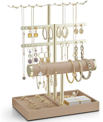 VLANDO Schmuckständer 4 Etagen, PU leder, Schmuckaufbewahrung, Zimmer Deko | Schmuck Organizer display für Halsketten, Uhren, Ringe, Ohrringe, Armbänder, Armreifen, Sonnenbrillen,Milchkaffee