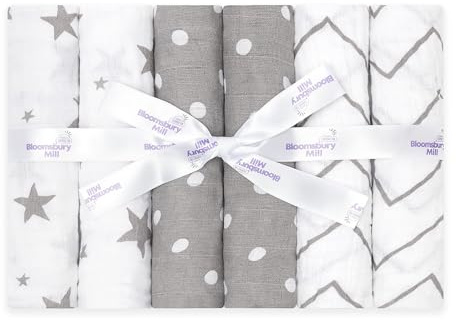 Bloomsbury Mill - Muslin Cloths for Baby - Soft 100% Organic Cotton Muslin Squares - Baby Muslins Pack of 6 - Large Burp Cloths - Essentials For Newborn - Grey & White - 70x70cm