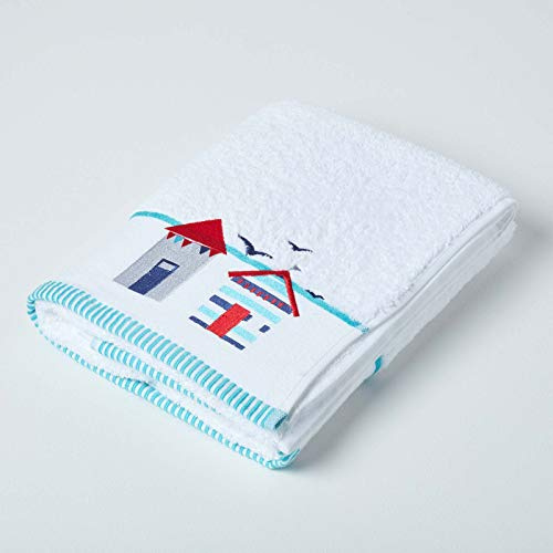 HOMESCAPES Strandstuga broderad badhandduk blå, röd och vit havsmönstrad stor handduk 100 % bomull 550 GSM superabsorberande fluffig semester strandhandduk för pool eller gym