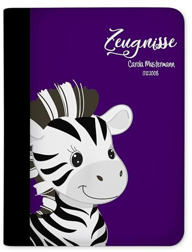 CreaDesign Zeugnismappe A4 mit Namen personalisiert für Kinder – Zebra Lila – Dokumentenmappe Schule ohne Klarsichthüllen