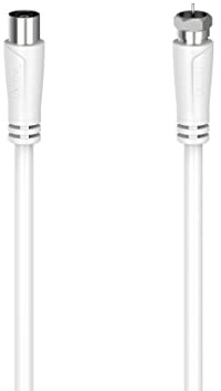 Hama | Cable de conexión coaxial y satélite (Cable antena tv, Conector F Macho a Conector coaxial Macho, 90 dB, 1,5 m), Color Blanco