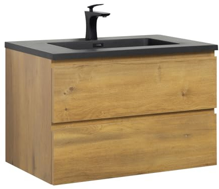 Badplaats B.V. Badezimmer Badmöbel Set Angela 80 cm - Schwarzes Waschbecken - Eiche - Unterschrank Schrank Waschbecken Waschtisch