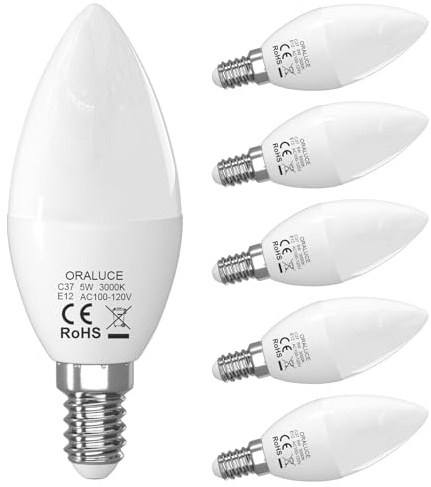 ORALUCE E12 LED Candelabra Light Bulbs - 40 Watt Equivalent, 3000K Warm White Chandelier Non-dimmable, Type B Light Bulb for Ceiling Fan, 5W 450LM 6 Pack