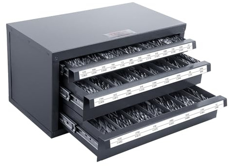 VEVOR Drill Bit Dispenser Cabinet, Three-Drawer Drill Bit Dispenser, Drill Bit Organizer Cabinet, Drill Dispenser Organizer Cabinet for Jobber Length Fractional Size 1/16 to 1/2 in 1/64 Increments