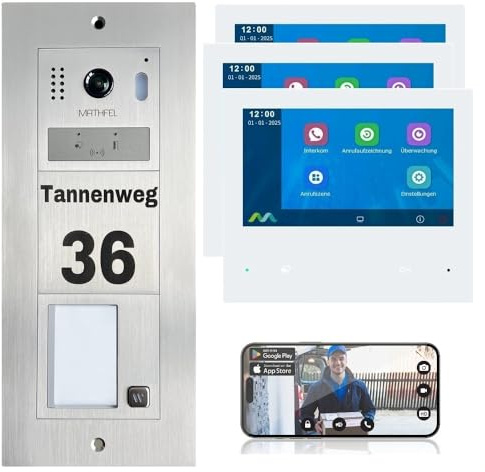 MATHFEL 2-Draht Bus WLAN Video Türsprechanlage - Personalisierte Außenstation inklusive Gravur, ideal für Einfamilienhaus, mit 3x7'' Monitoren