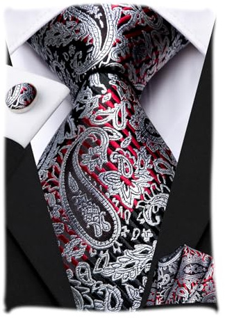 Hi-Tie Herren Seiden Krawatte Set Silberne und Rote Paisley Jacquard Krawatte mit Einstecktuch Manschettenknöpfe