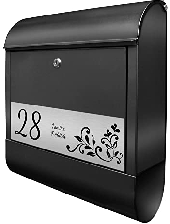 banjado Briefkasten personalisiert mit graviertem Namensschild in Edelstahl - Wandbriefkasten Schwarz - Postkasten mit Hausnummer, Namen & Motiv WT Blaues Ornament - Briefkasten mit Zeitungsfach