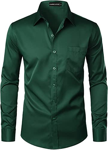 PARKLEES Camicia da uomo urbana elegante casual business slim fit a maniche lunghe con bottoni e taschino, Verde scuro, M