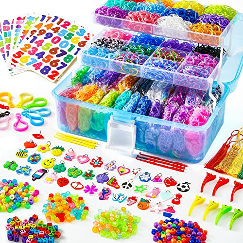 Inscraft 17500+ Loom Bands Refill Kit, 28 Colours Rubber Bands Set with 3 Layers Blue Storage Box, 600 S Clips, 352 Beads, 40 Cartoon Pendants, Bracelet Making Loom Refill Set for Girls Kids DIY Craft