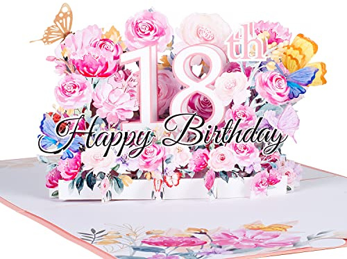3D Geburtstagskarte zum 18.Geburtstag,Pop Up Karte zur Volljährigkeit Geburtstagsparty,Blumen Rosa,Happy Birthday Grußkarten,Jubiläumskarte Klappkarte,mit Nachrichtenkarte und Umschlag