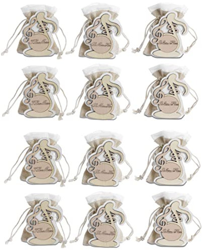 12 Pezzi Bomboniera Matrimonio Comunione Cresima Reggisacchetti per Confetti con Note Musicali e Frase 10 cm 3 Assortimenti in Legno e Stoffa Mandorle Bomboniere