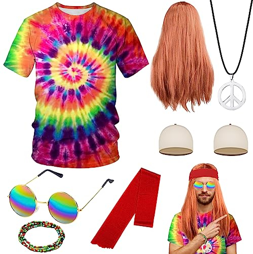 HEAWAA 8 Stücke Hippie Kostüm Herren Damen, 70er Hippie Accessories mit Perücke Hippie T-Shirt Retro Brille Peace Halskette Stirnban Armbänder für 60er 70er 80er Jahre Party Karneval